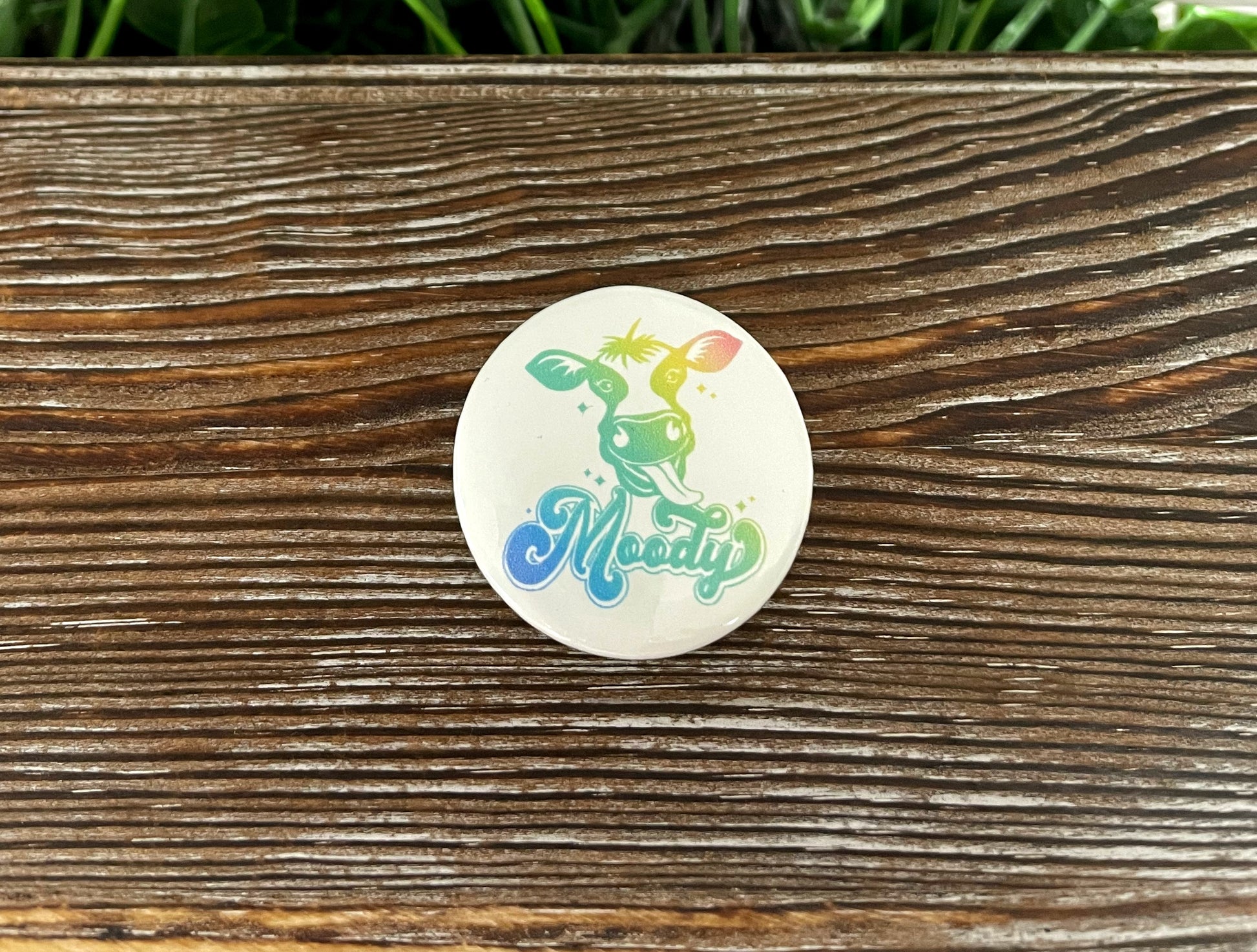 Retro Moody Cow, Graphic Art Button / Pin 1.25” , Boho Fun, Water Resistant - Handmade by Marlayna