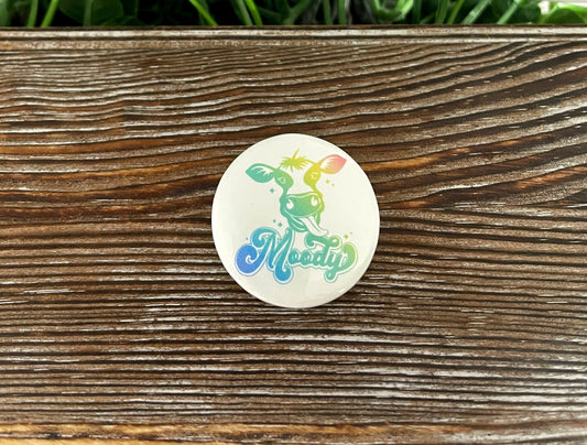 Retro Moody Cow, Graphic Art Button / Pin 1.25” , Boho Fun, Water Resistant - Handmade by Marlayna