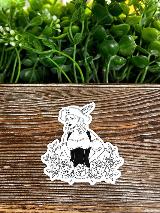Pirate Wench, Die Cut Vinyl Sticker, Boho Fun, Water Resistant, Halloween Costume, Black and White |Sticker or Magnet