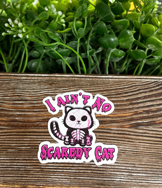 I Ain't No Scaredy Cat, Die Cut Vinyl Sticker, Boho Fun, Water Resistant, Halloween Kitty Image |Sticker or Magnet