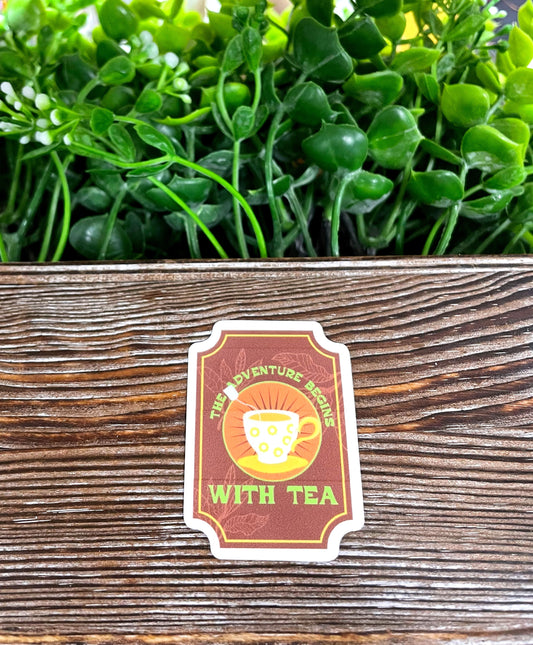 The Adventure Begins with Tea, Jar Label, Die Cut Vinyl Sticker, Boho Fun, Water Resistant |Sticker or Magnet