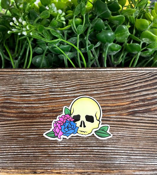 Watercolor Skull and Left Side Flowers, Die Cut Vinyl Sticker, Boho Fun, Water Resistant, Halloween Pastel |Sticker or Magnet