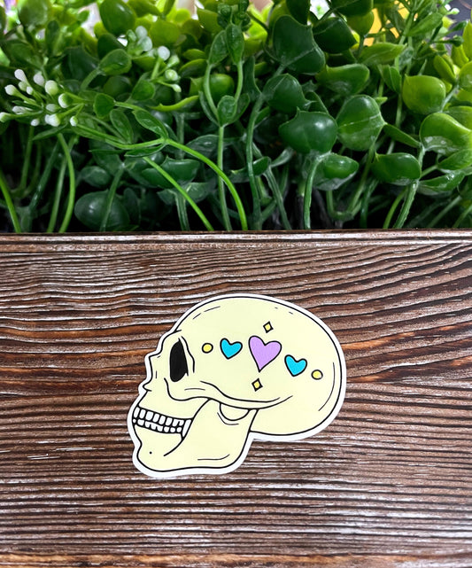 Skull w Pastel Hearts, Die Cut Vinyl Sticker, Boho Fun, Water Resistant, Halloween Spooky Fall |Sticker or Magnet