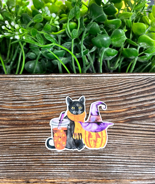 Halloween Cat Pumpkin and Coffee, Die Cut Vinyl Sticker, Boho Fun, Water Resistant, Costume Spooky Puppy |Sticker or Magnet