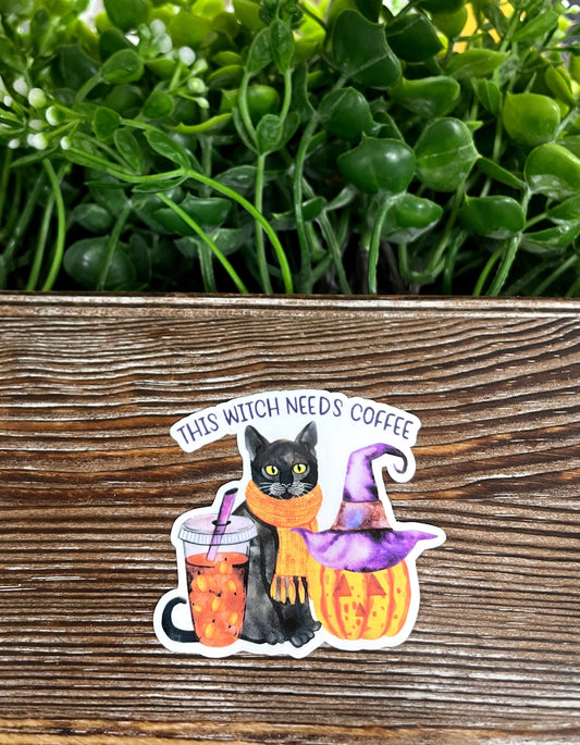 This Witch Needs Coffee, Halloween Cat Pumpkin, Die Cut Vinyl Sticker, Boho Fun, Water Resistant, Costume Spooky Puppy |Sticker or Magnet