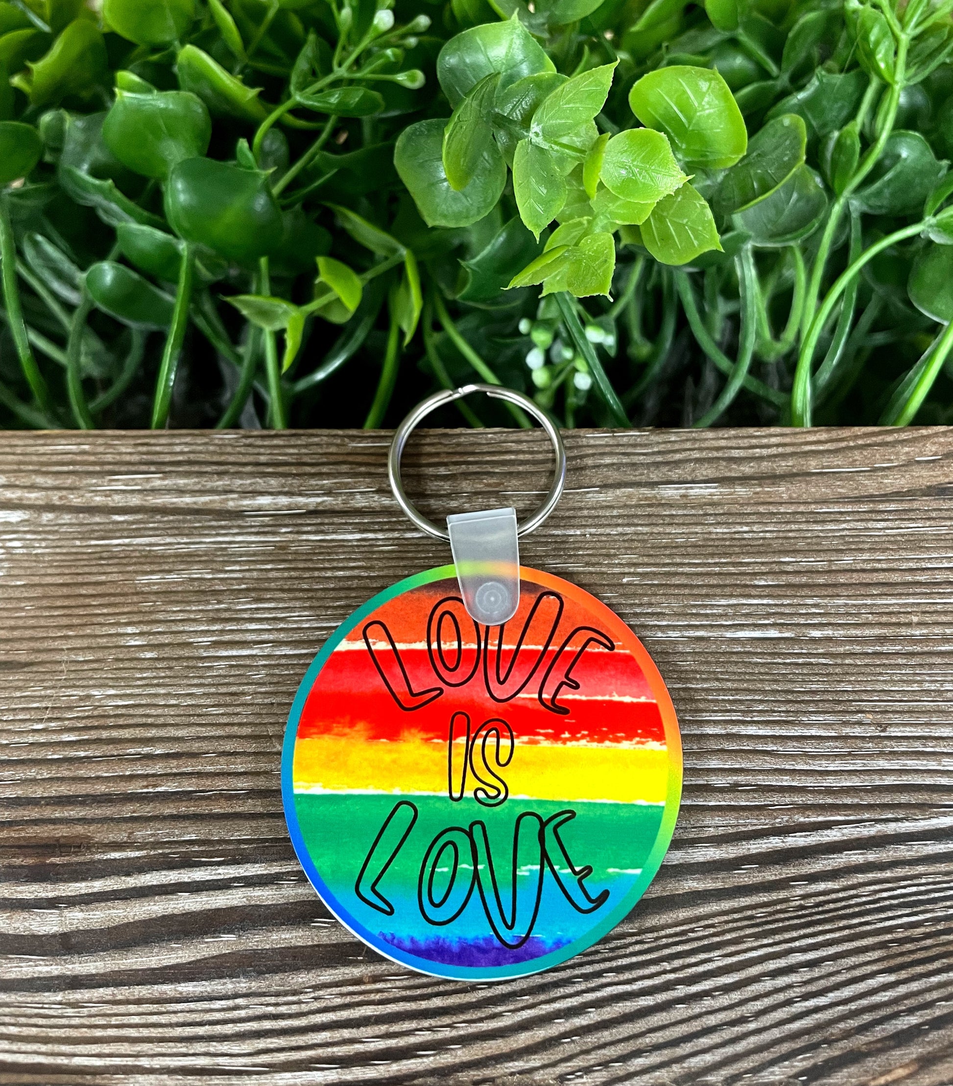 Love is Love, MDF Round Keychain, , Boho Fun, Human Rights Equality Rainbow - Handmade by Marlayna