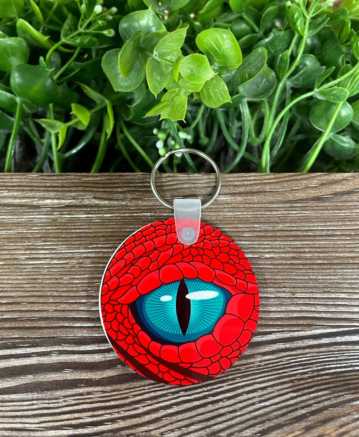 Blue Dragon Eye, MDF Rectangle Keychain, Red Skin, Gamer Tabletop DnD - Handmade by Marlayna