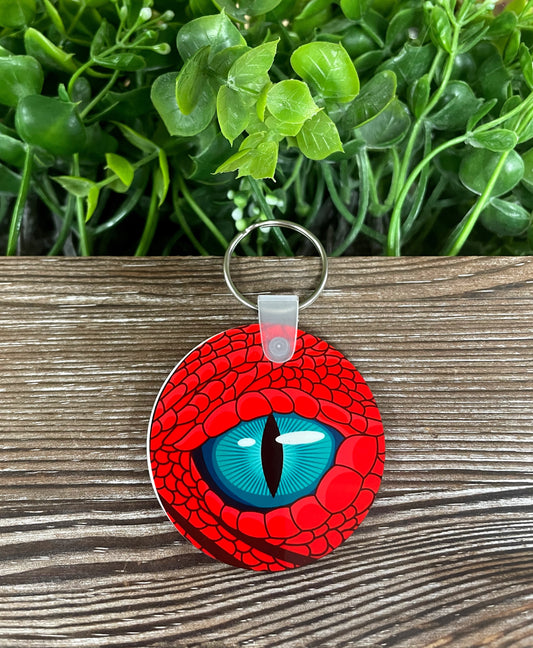 Blue Dragon Eye, MDF Rectangle Keychain, Red Skin, Gamer Tabletop DnD - Handmade by Marlayna