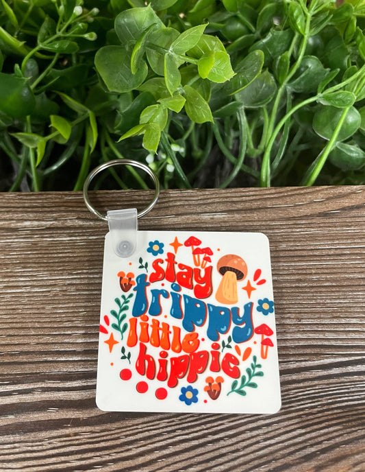Stay Trippy Little Hippie, MDF Square Keychain, Fungi Shrooms Toadstool Vintage - Handmade by Marlayna