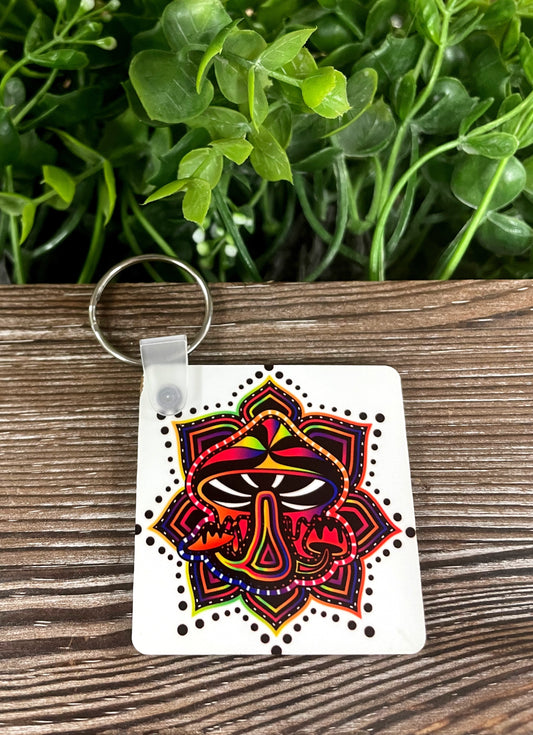 Trippy Neon Mushroom, MDF Square Keychain, Fungi Shrooms Toadstool Rainbow - Handmade by Marlayna