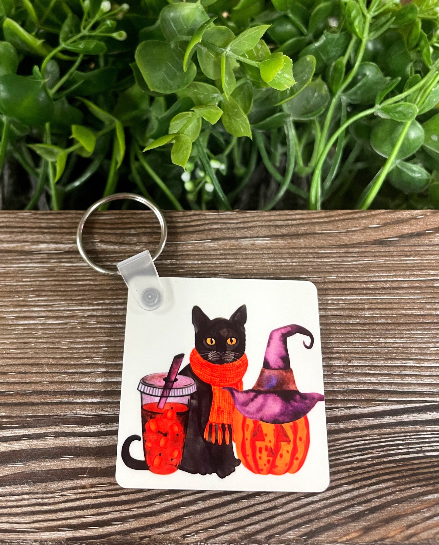 Autumn Cat and Coffee, MDF Hexagon Keychain, Halloween, Fall Fun Pumpkin - Handmade by Marlayna