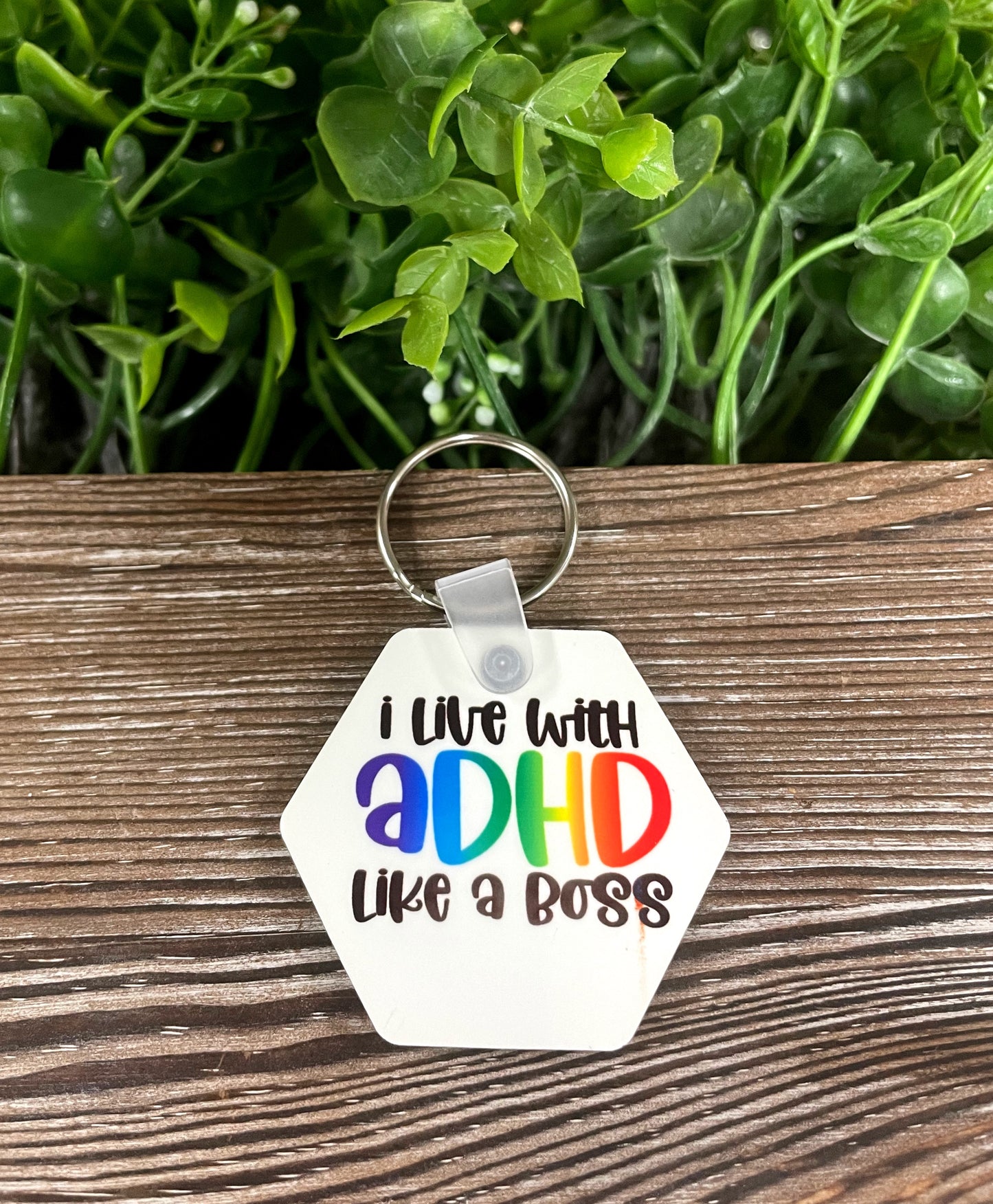 I Live with ADHD Like a Boss, MDF Hexagon Keychain, Neurodivergent, Rainbow Proud - Handmade by Marlayna