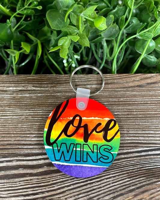 Love Wins, MDF Round Keychain, , Boho Fun, Human Rights Equality Rainbow - Handmade by Marlayna