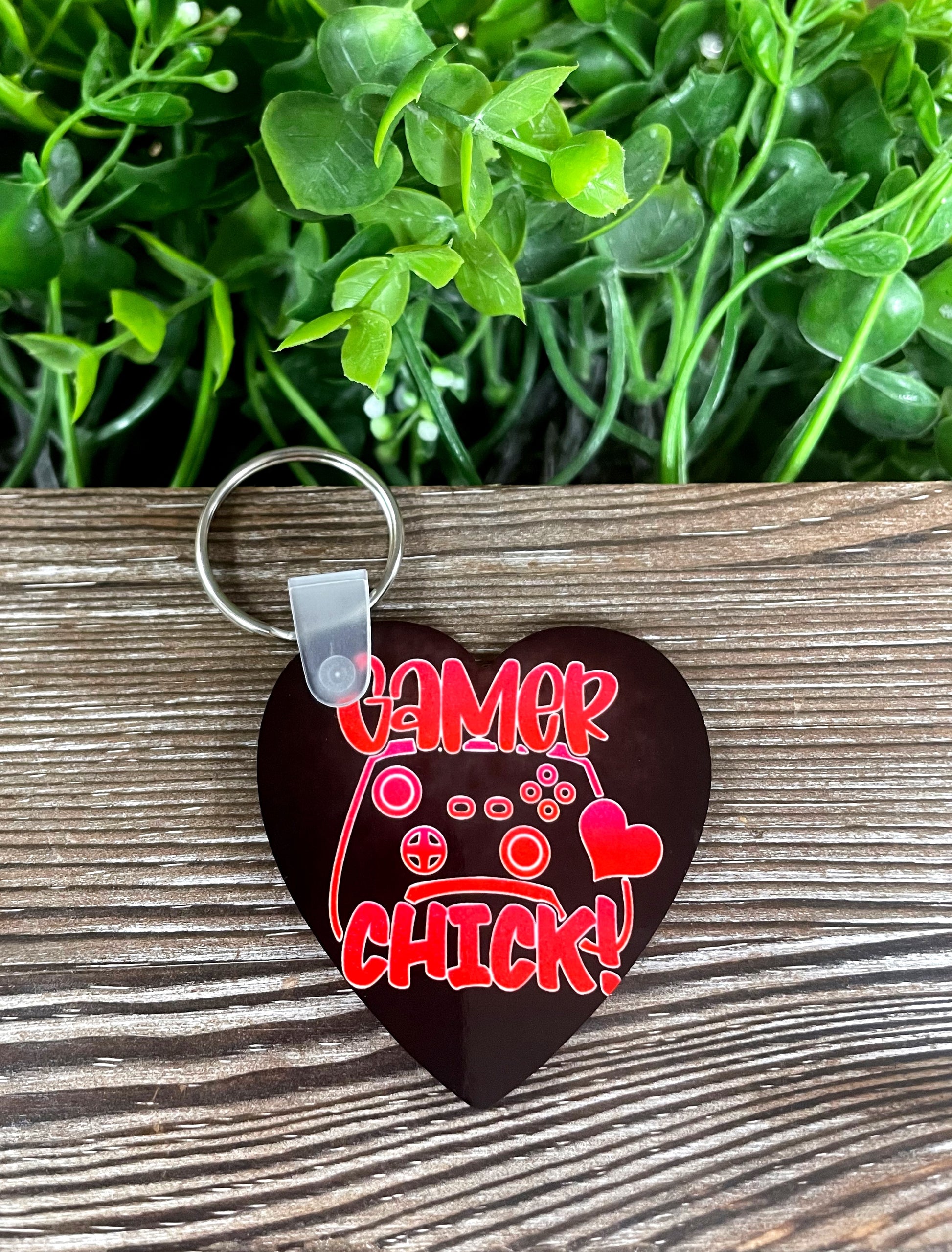 Gamer Chick, Black Background, MDF Heart Keychain, Boho Fun, Gaming PC Games Nerd,  System Controller - Handmade by Marlayna