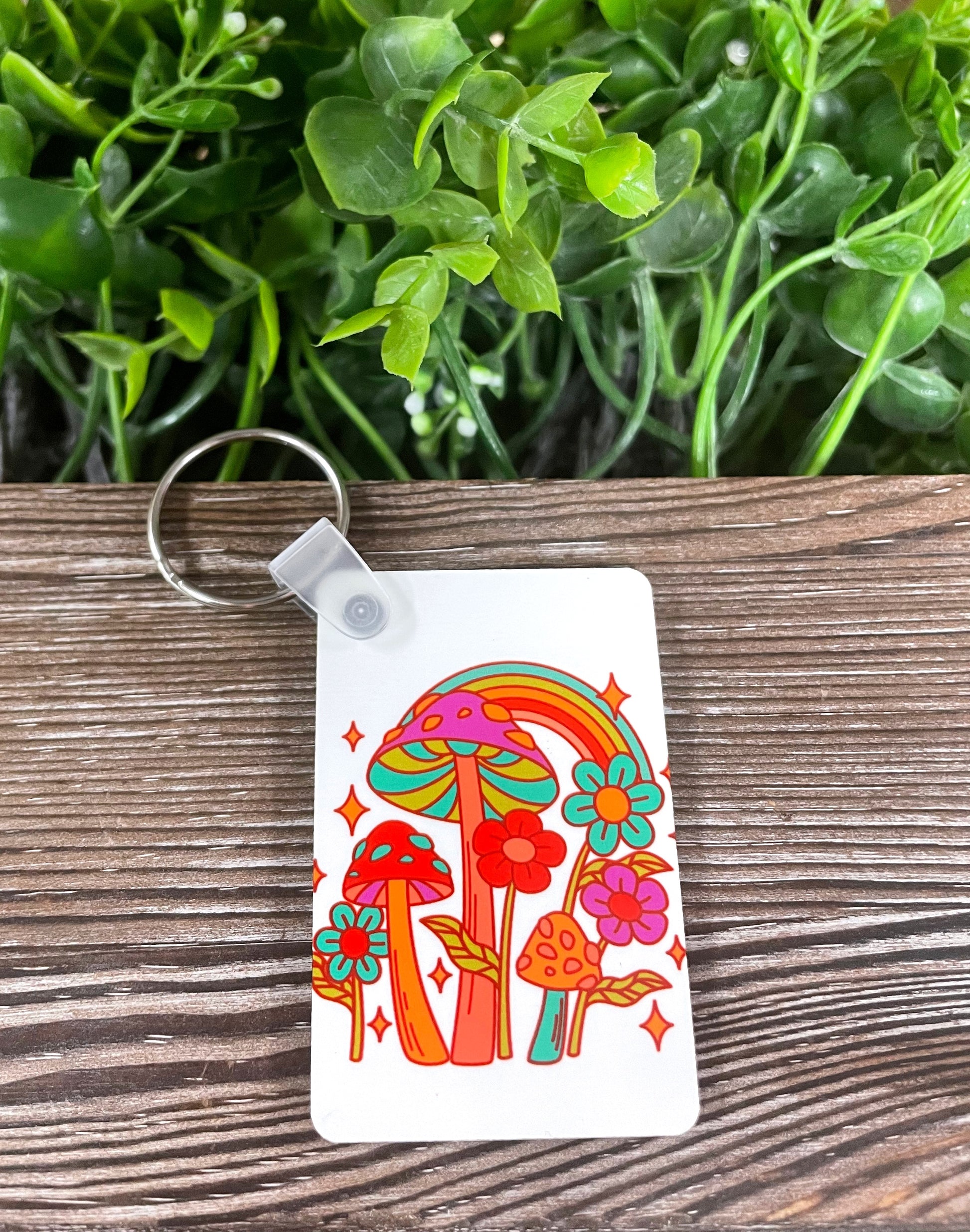 Colorful Neon Mushrooms, MDF Rectangle Keychain, Fungi Shrooms Toadstool Rainbow - Handmade by Marlayna