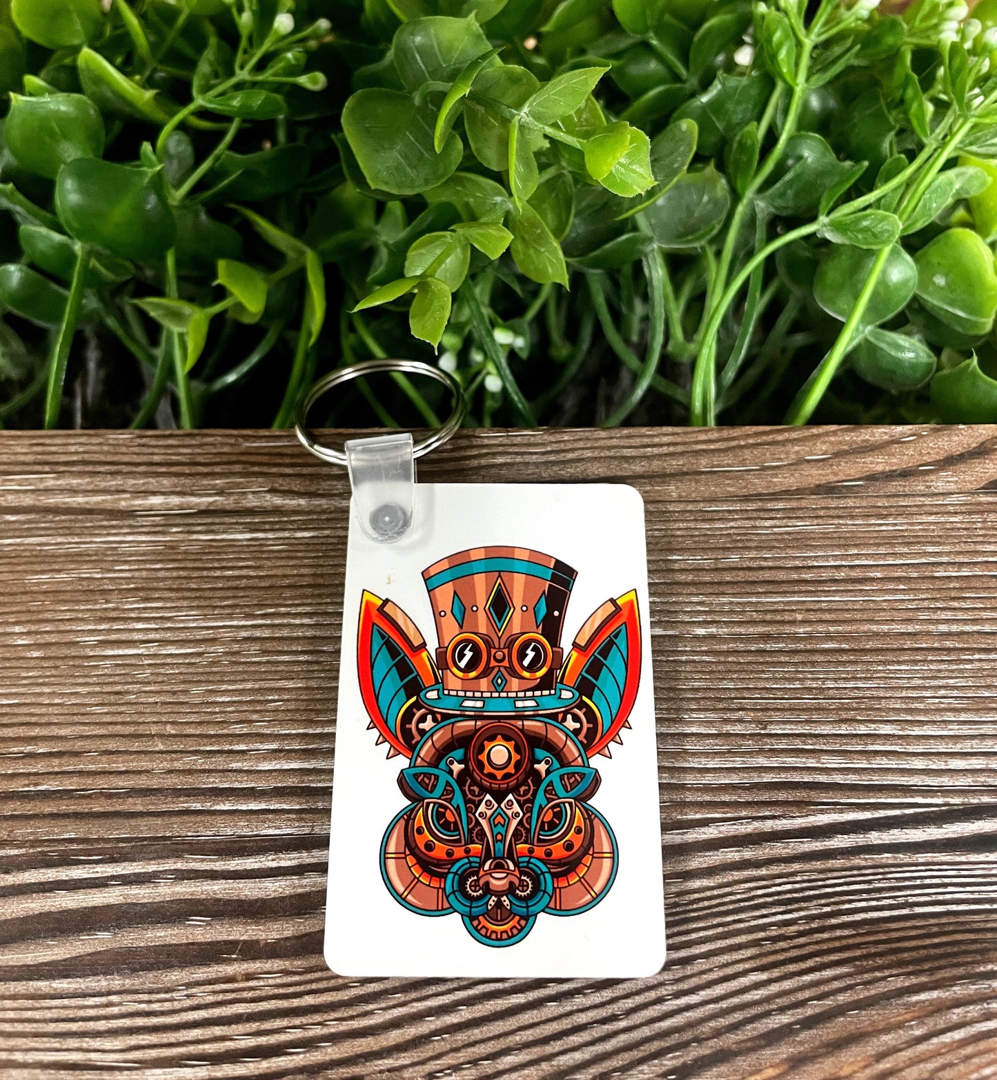 Steampunk Rabbit, MDF Rectangle Keychain, Boho Fun, Halloween, Gold and Blue, Victorian Cyberpunk - Handmade by Marlayna