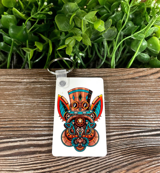 Steampunk Rabbit, MDF Rectangle Keychain, Boho Fun, Halloween, Gold and Blue, Victorian Cyberpunk - Handmade by Marlayna