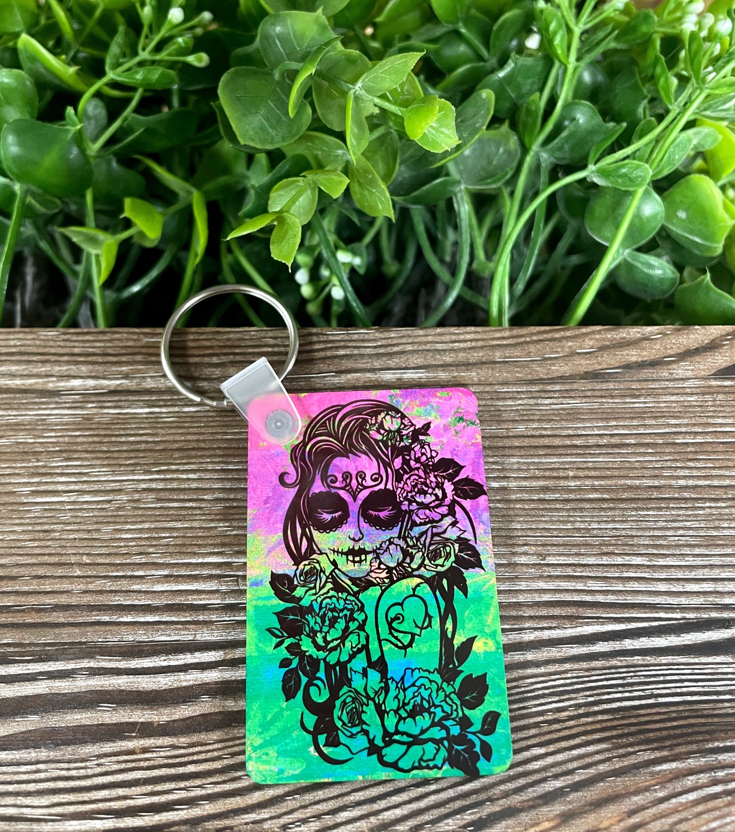Girl Sugar Skull in Flowers, MDF Rectangle Keychain, Boho Fun, Halloween, Tattoo Inspired, Bright Colors - Handmade by Marlayna