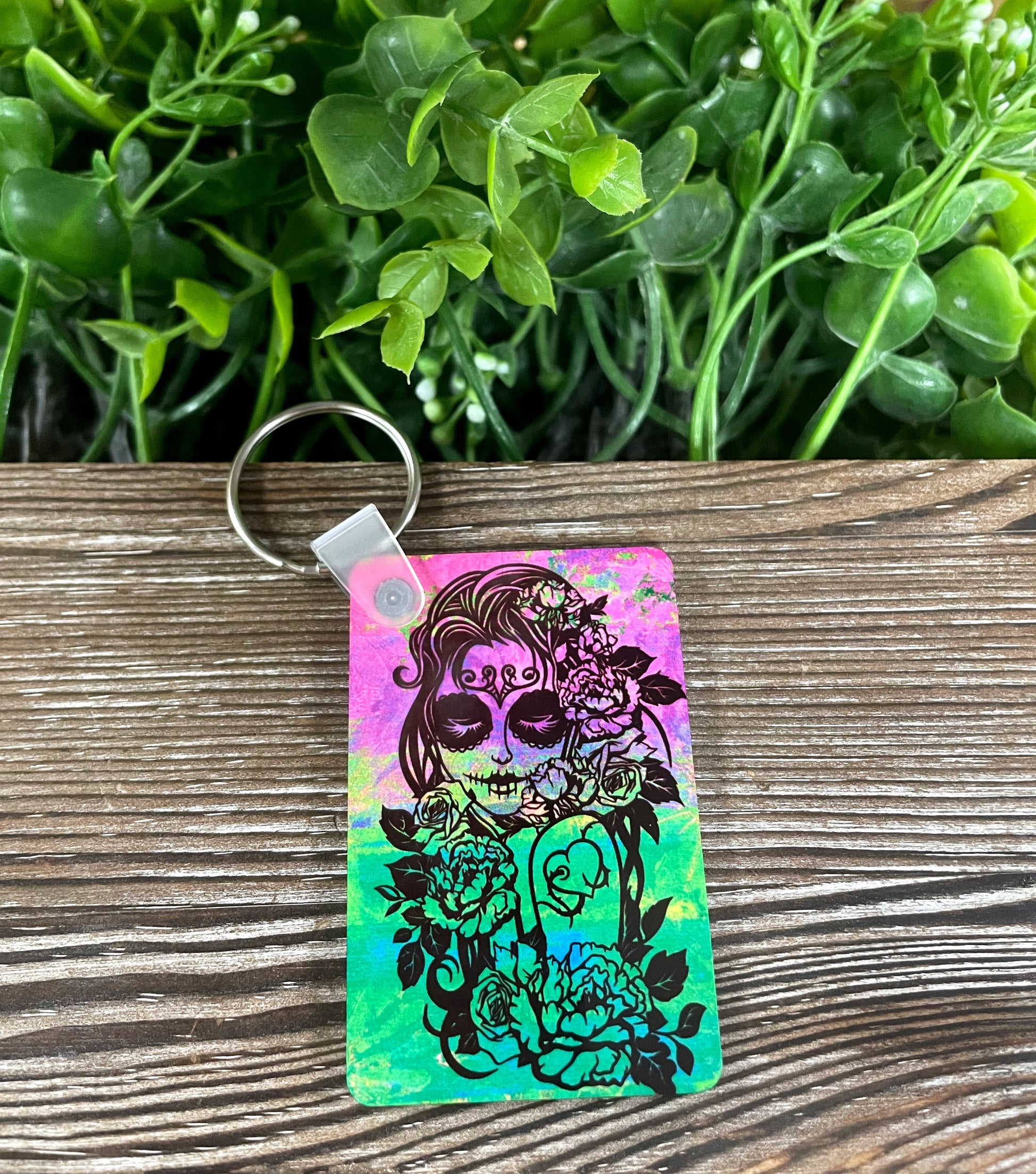 Girl Sugar Skull in Flowers, MDF Rectangle Keychain, Boho Fun, Halloween, Tattoo Inspired, Bright Colors - Handmade by Marlayna