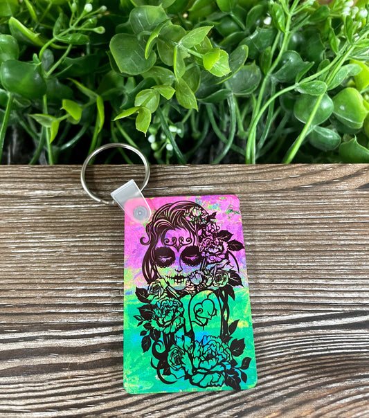 Girl Sugar Skull in Flowers, MDF Rectangle Keychain, Boho Fun, Halloween, Tattoo Inspired, Bright Colors - Handmade by Marlayna