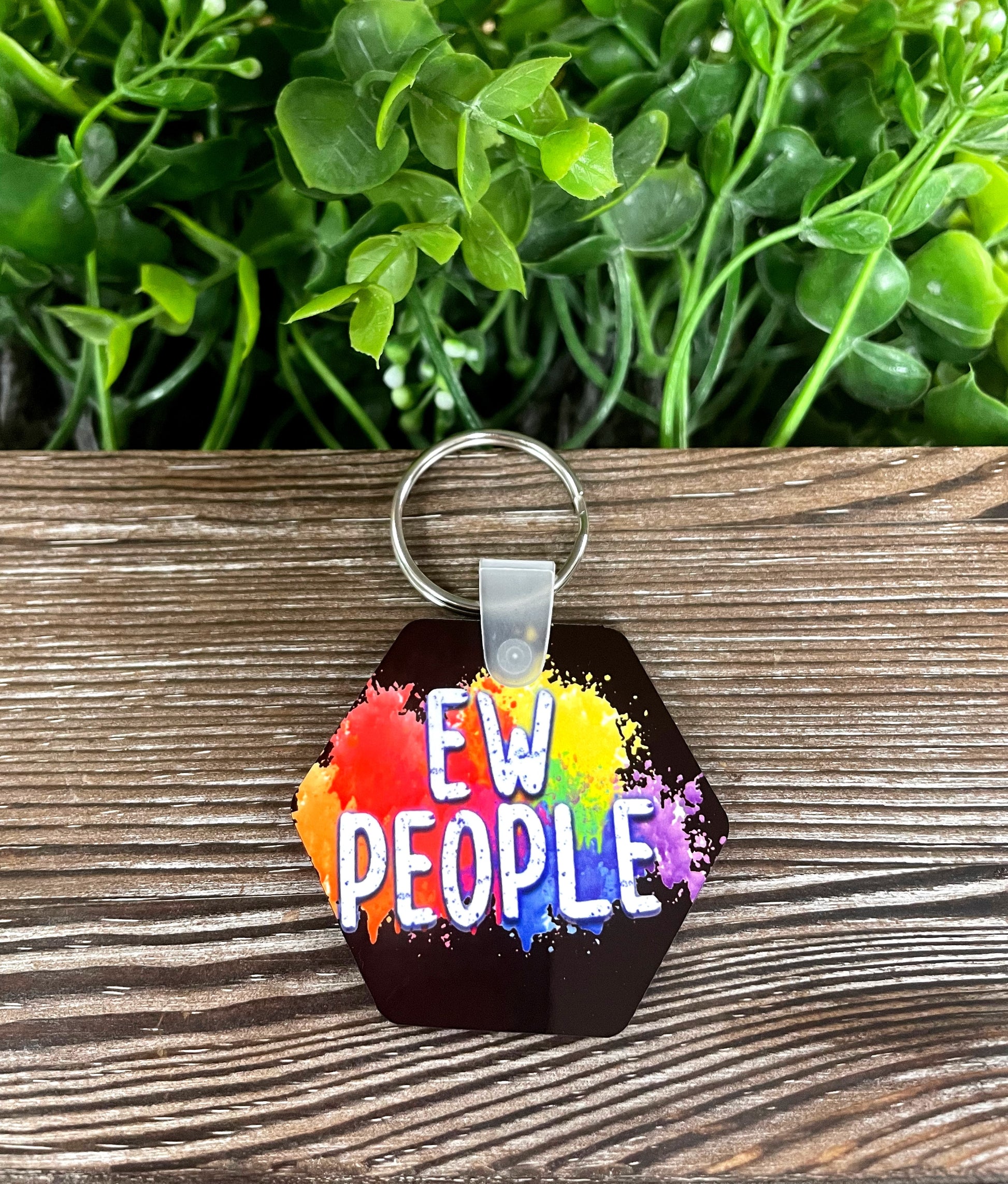 Ew People Black Background, MDF Hexagon Keychain, Boho Fun, Snarky Sarcasm Witty Quote Colorful - Handmade by Marlayna