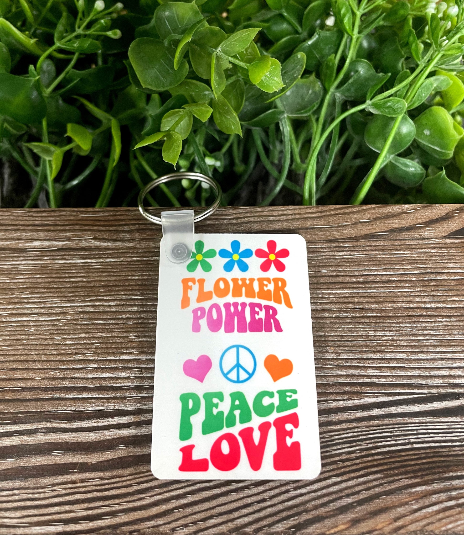 Flower Power Peace Love, MDF Rectangle Keychain, Hippie Vintage Hearts - Handmade by Marlayna