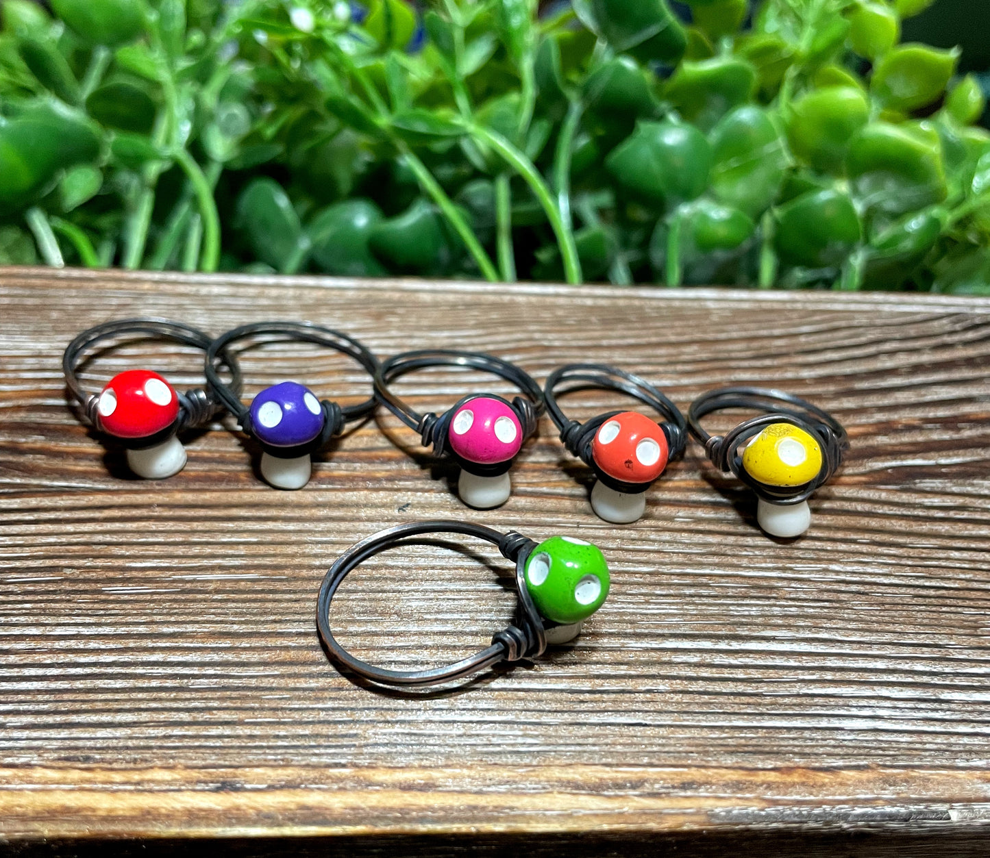 Cute Resin Mini Mushroom Wire Wrapped Ring, Toadstool Shroom Mushie, Colorful Fun Fungi - Handmade by Marlayna