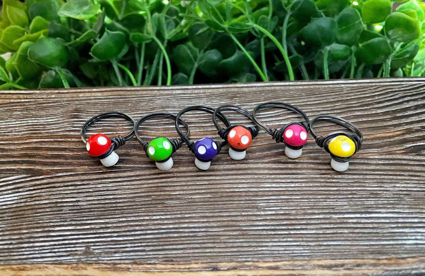Cute Resin Mini Mushroom Wire Wrapped Ring, Toadstool Shroom Mushie, Colorful Fun Fungi - Handmade by Marlayna