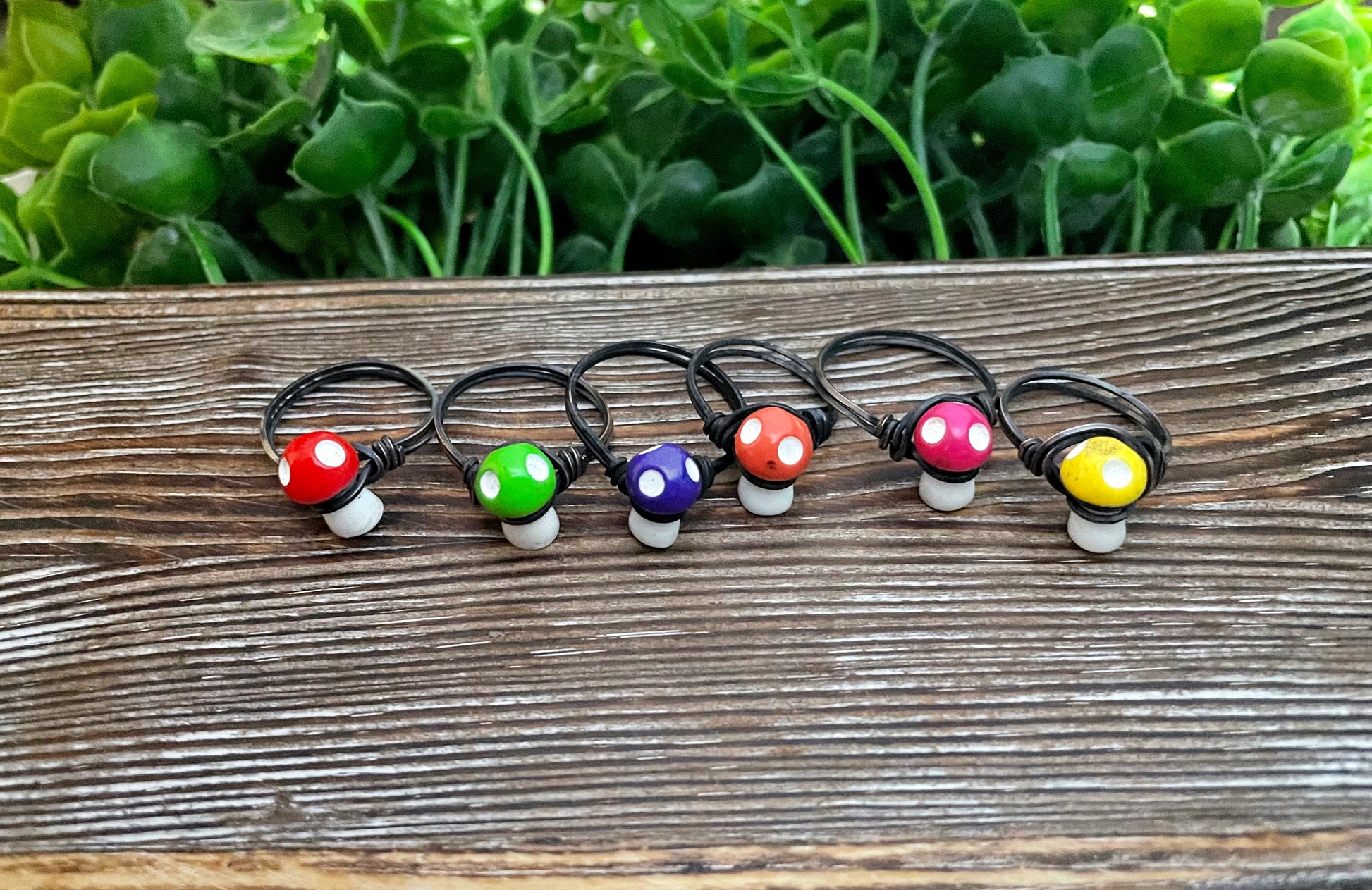 Cute Resin Mini Mushroom Wire Wrapped Ring, Toadstool Shroom Mushie, Colorful Fun Fungi - Handmade by Marlayna