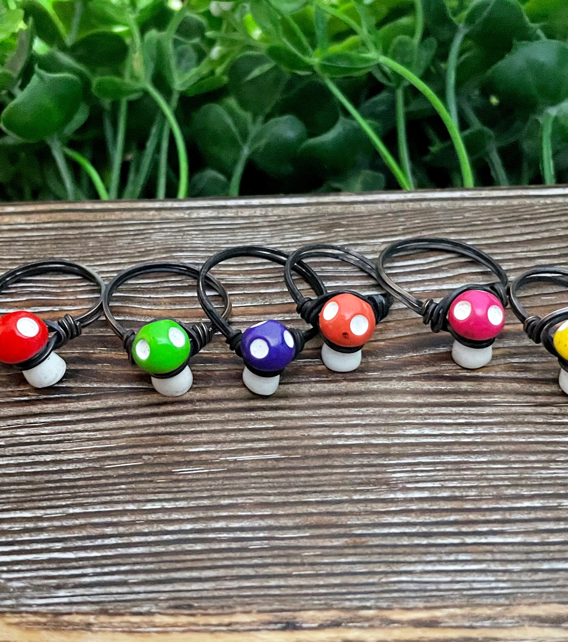 Cute Resin Mini Mushroom Wire Wrapped Ring, Toadstool Shroom Mushie, Colorful Fun Fungi - Handmade by Marlayna