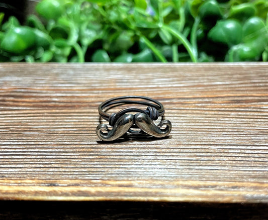 Silver Mustache Bead Wire Wrapped Ring, Novelty Item, Nostalgia - Handmade by Marlayna