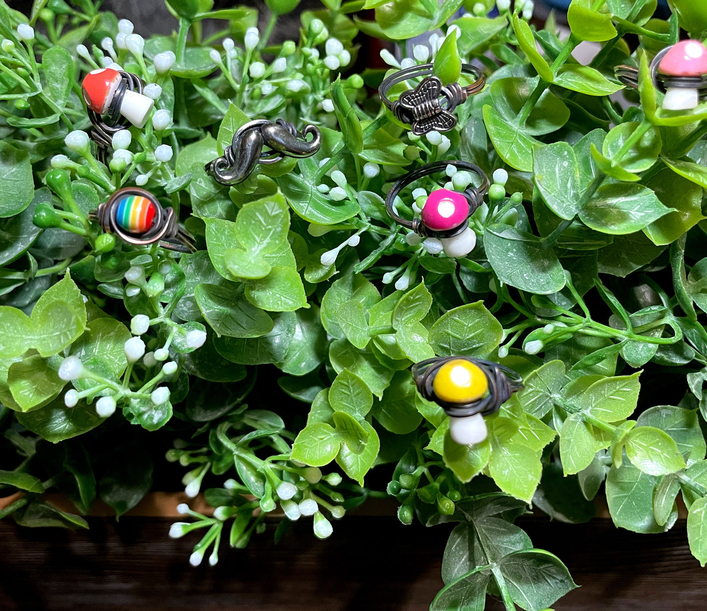 Cute Resin Mini Mushroom Wire Wrapped Ring, Toadstool Shroom Mushie, Colorful Fun Fungi - Handmade by Marlayna