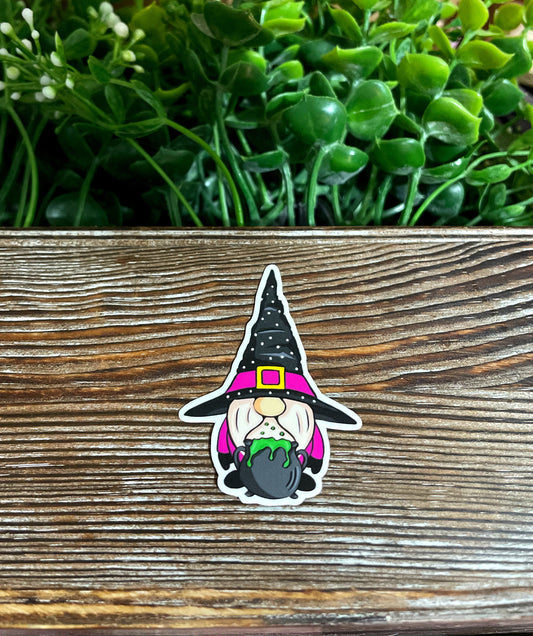 Gnome w/ Cauldron, Die Cut Vinyl Sticker, Boho Fun, Water Resistant, Halloween Witch Spooky |Sticker or Magnet