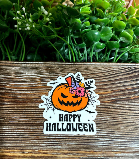Happy Halloween, Die Cut Vinyl Sticker, Boho Fun, Water Resistant, Cute Jack O Lantern, Witch Spooky |Sticker or Magnet
