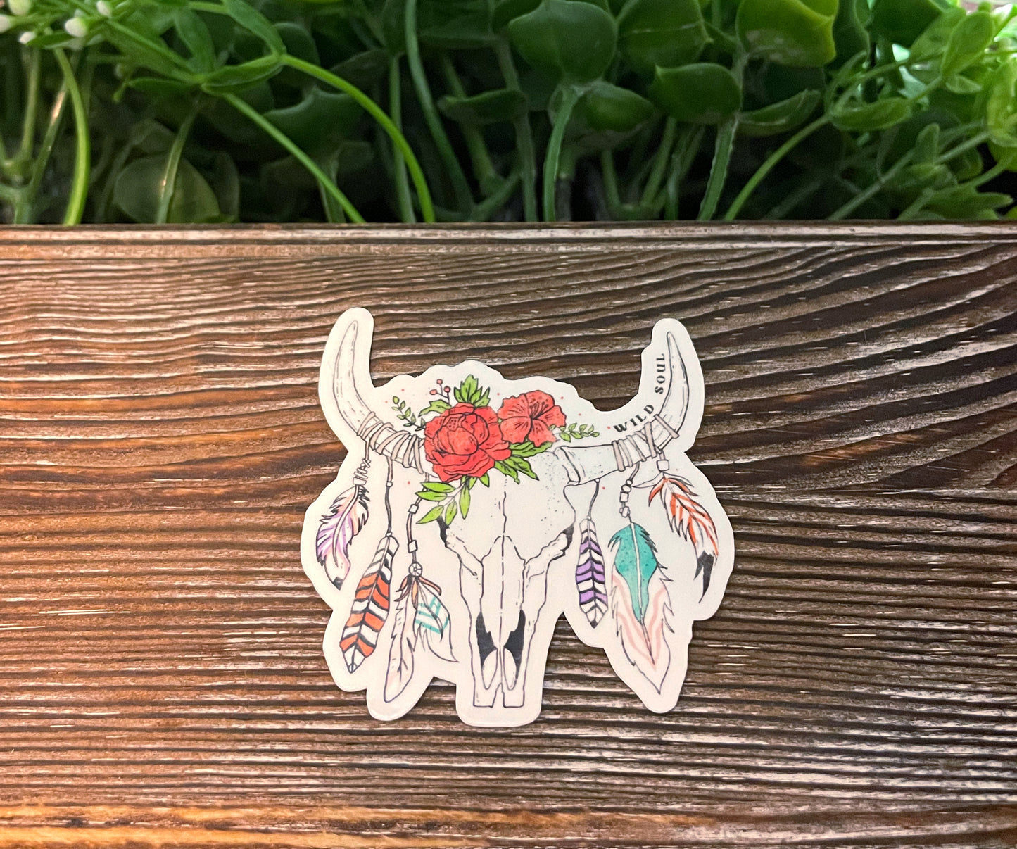 Cow Skull Sticker, Wild Soul Decal, Vinyl Sticker, Water Resistant, Western Vibes Boho, Feathers |Sticker or Magnet