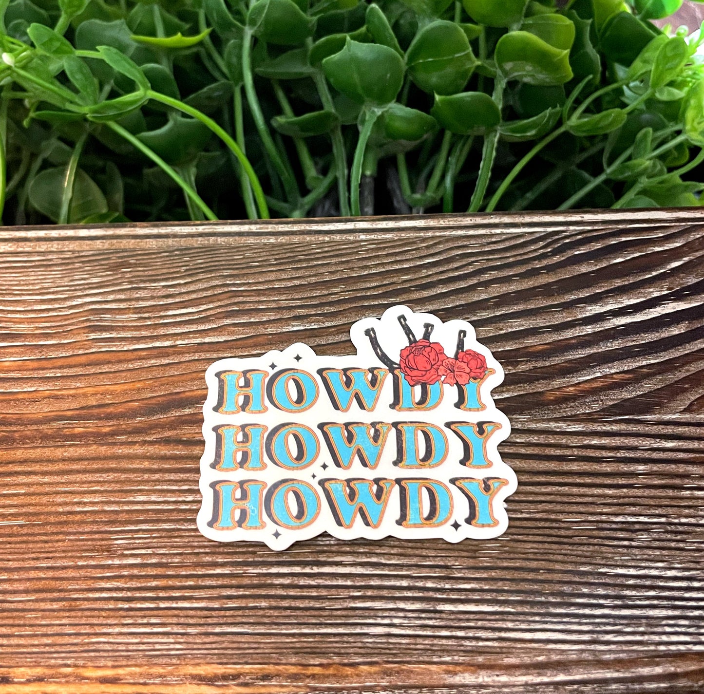 Howdy Howdy Howdy Sticker |Refrigerator Fridge Car |Western Vibes Boho |Mountain Scene |Horseshoe Charm |Sticker or Magnet