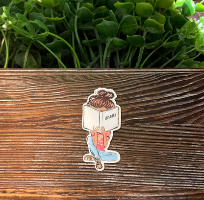 Girl Reading History Book, Vinyl Sticker, Water Resistant, Motivational Empower, Student College School, Teacher Textbooks |Sticker or Magnet