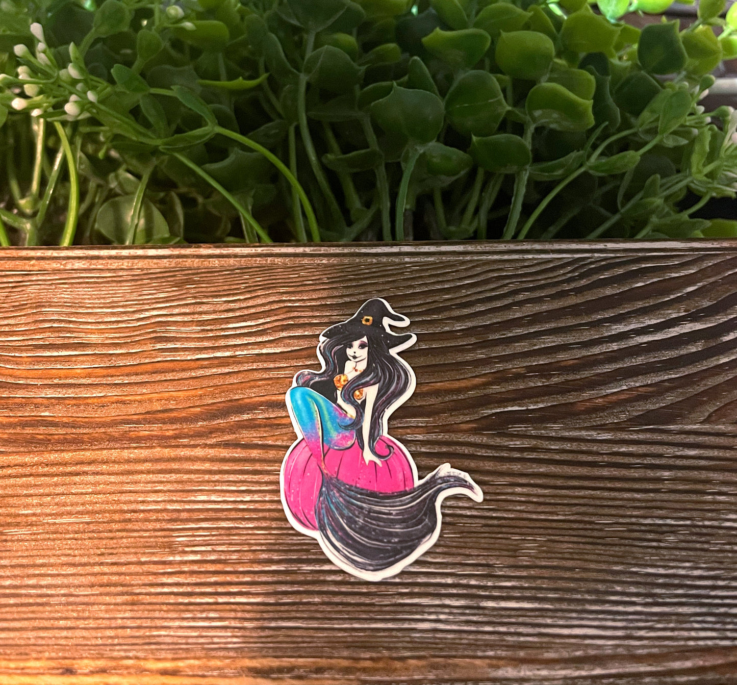 Mermaid Witch on Pumpkin |Lightweight Vinyl Sticker or Magnet |Boho Fun |Refrigerator Fridge Car |Fantasy Mythical Creature |Gift for Girl |Pastel Colors |Sticker or Magnet