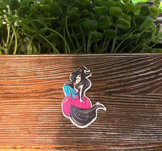 Mermaid Witch on Pumpkin |Lightweight Vinyl Sticker or Magnet |Boho Fun |Refrigerator Fridge Car |Fantasy Mythical Creature |Gift for Girl |Pastel Colors |Sticker or Magnet