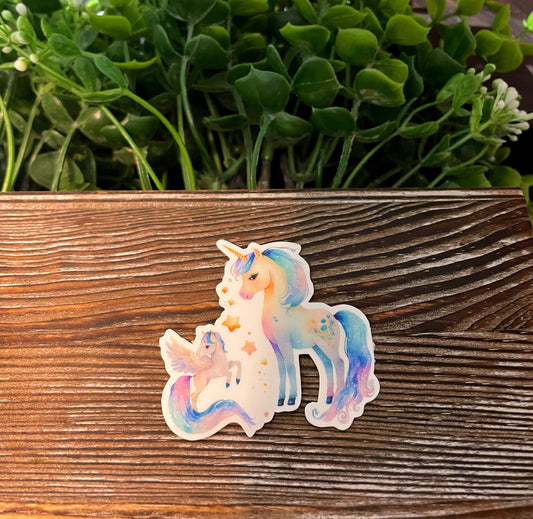 Mother and Baby Unicorn |Lightweight Vinyl Sticker or Magnet |Boho Fun |Refrigerator Fridge Car |Fantasy Mythical Creature |Gift for Girl |Purple and Gold |Sticker or Magnet