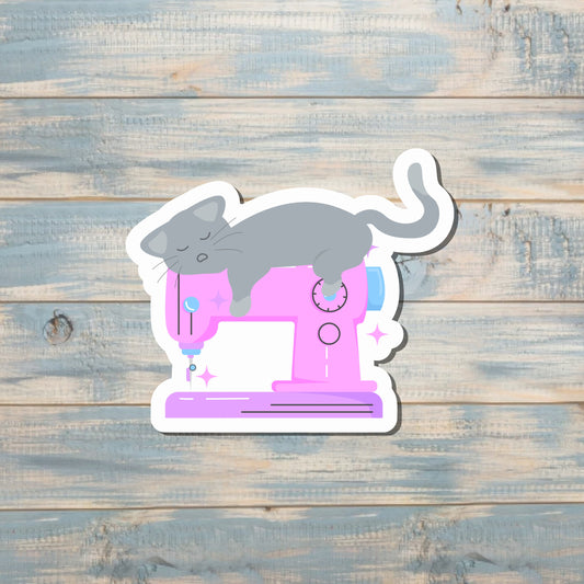 Sleeping Cat on Sewing Machine, Die Cut Vinyl Sticker, , Boho Fun, Water Resistant |Sticker or Magnet