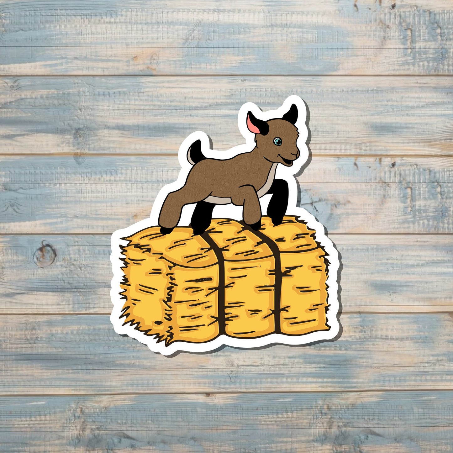 Baby Goat Sticker, Playing on Hay Bale, Die Cut Vinyl Sticker |Sticker or Magnet