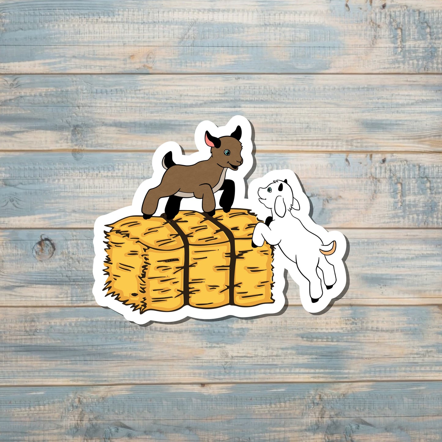 Baby Goats Sticker, Playing on Hay Bale, Die Cut Vinyl Sticker |Sticker or Magnet