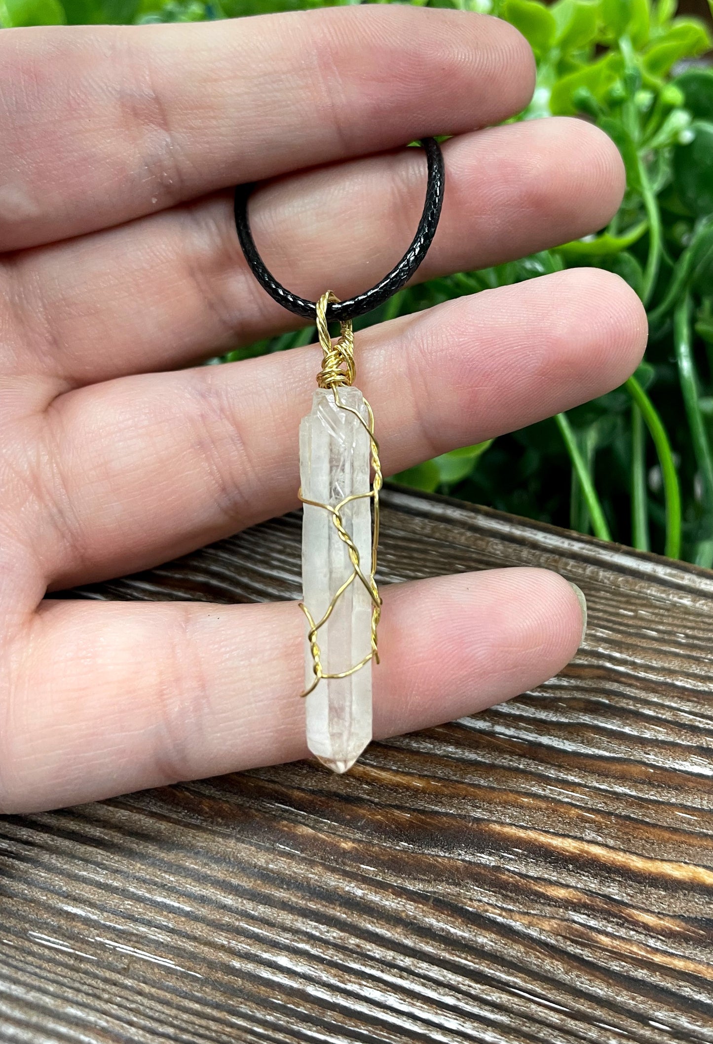 Wire Wrapped Clear Quartz Crystal Gemstone Pendant w/ Brass Wire - Handmade by Marlayna