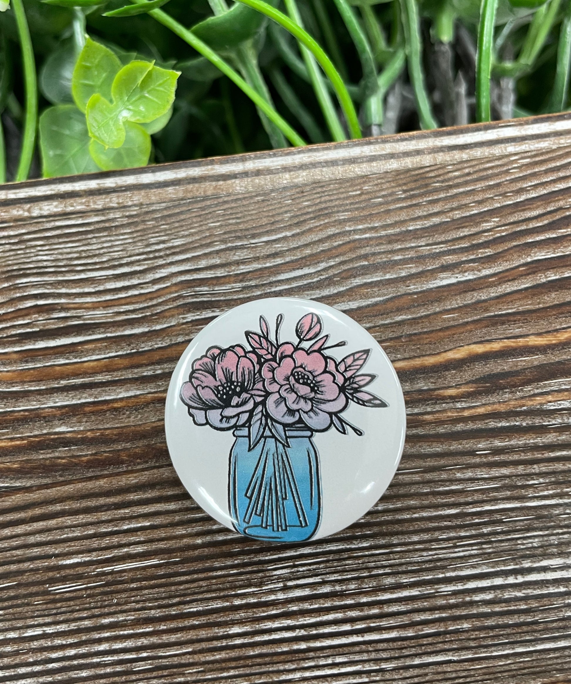 Watercolor Flowers, Mason Jar Graphic Art Button / Pin 1.25” - Handmade by Marlayna