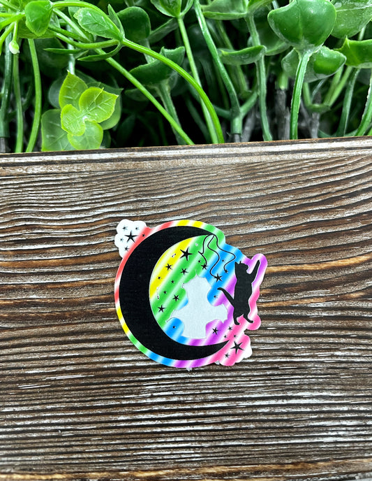 Rainbow Cat and Crescent Moon Die Cut Sticker, Graphic Art Sticker, Vinyl, |Sticker or Magnet