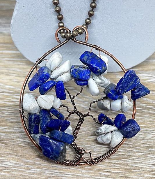 Wire Wrapped Tree of Life Pendant with Sodalite and Howlite Gemstones - Handmade by Marlayna