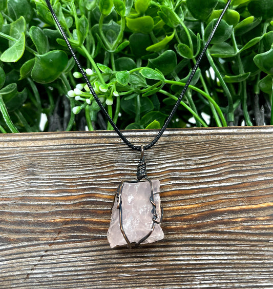 Wire Wrapped Rough Rose Quartz Chunk Gemstone Pendant - Handmade by Marlayna