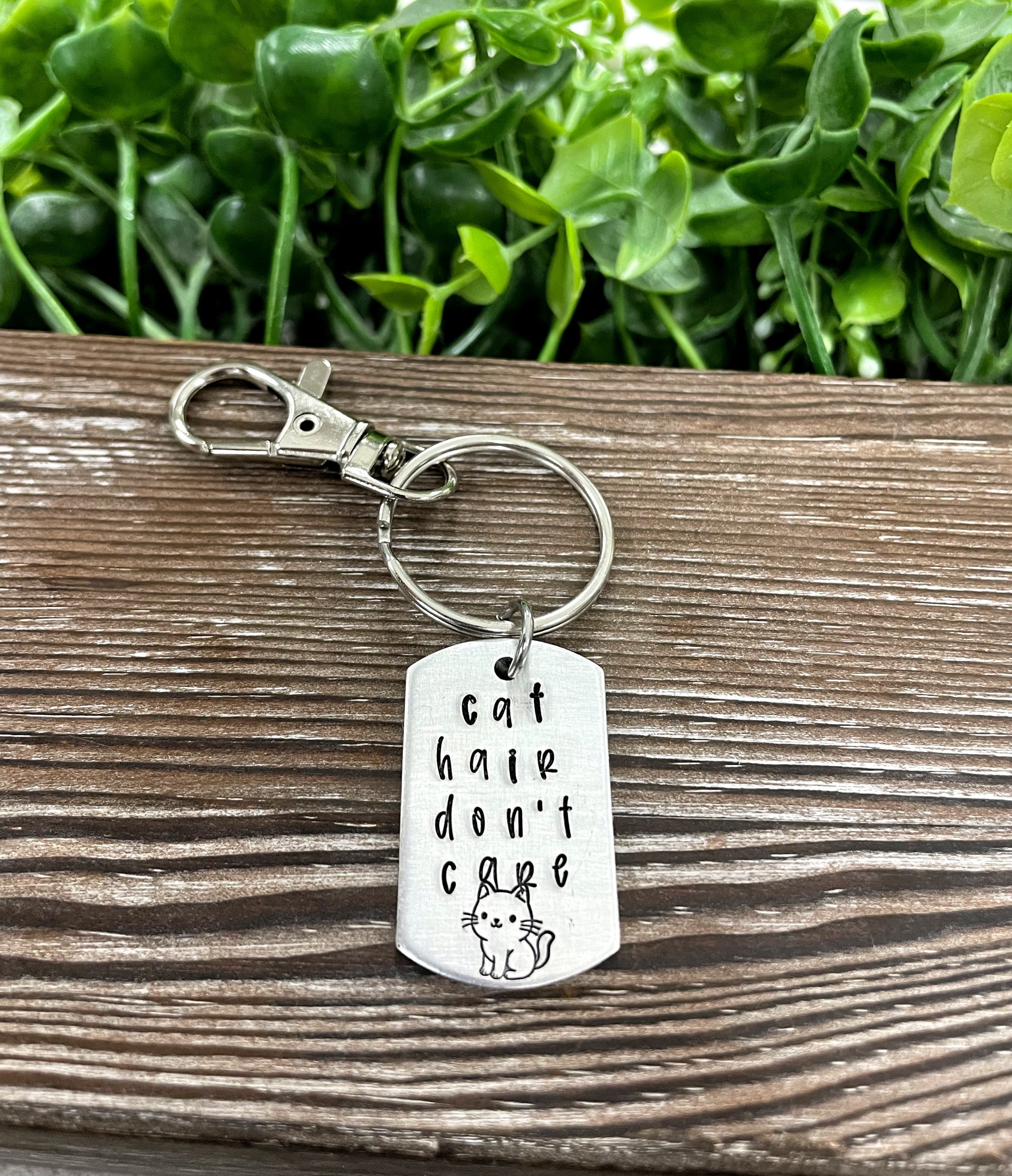 Cat Hair Don’t Care Fun Animal Themed Hand Stamped Key Chain - Handmade by Marlayna