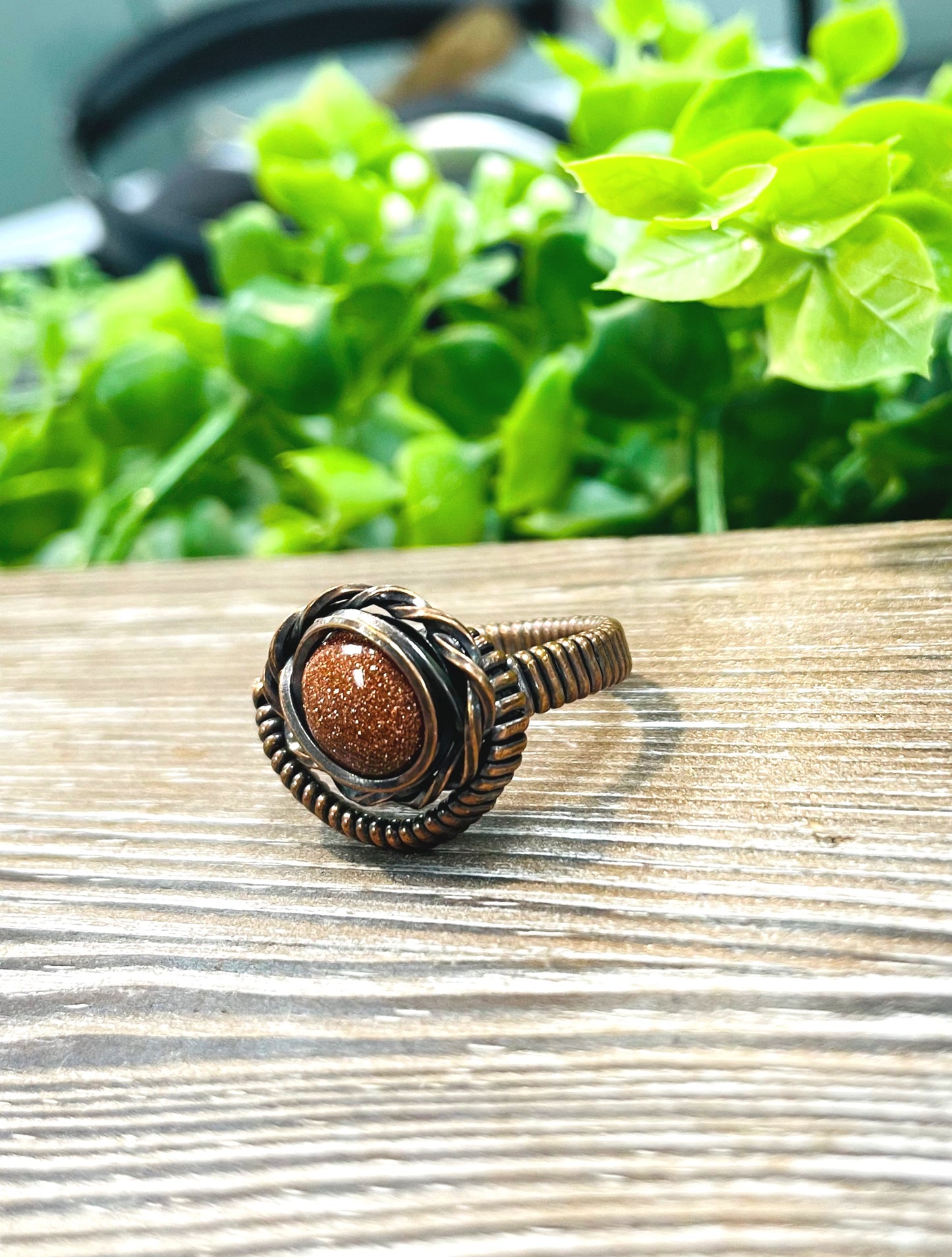 Goldstone Cabochon Wire Wrapped Ring Size 9 - Handmade by Marlayna